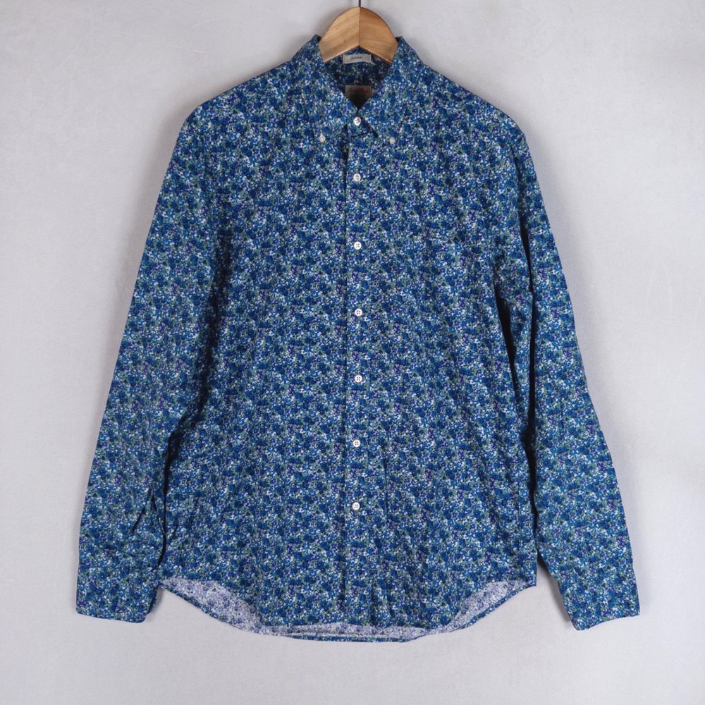 J.Crew Mens Button Down Shirt Medium Blue Floral Secret Wash Classic Fit Cotton